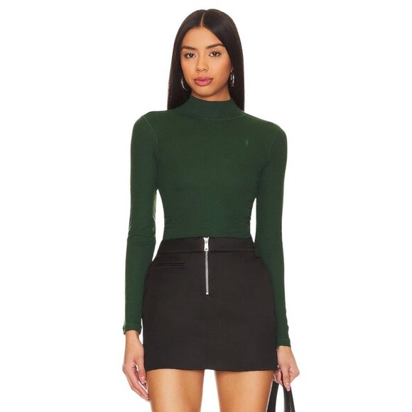 ALLSAINTS Rina Long Sleeve Roll Neck Tee in Sycamore Green Small New Womens Top - Picture 1 of 16